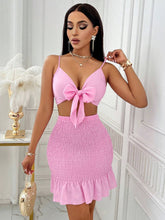 Women'S Solid Color Sexy Tie Front Cut Out Ruffle Hem Cami Top & Ruched Package Hip Skirts Set